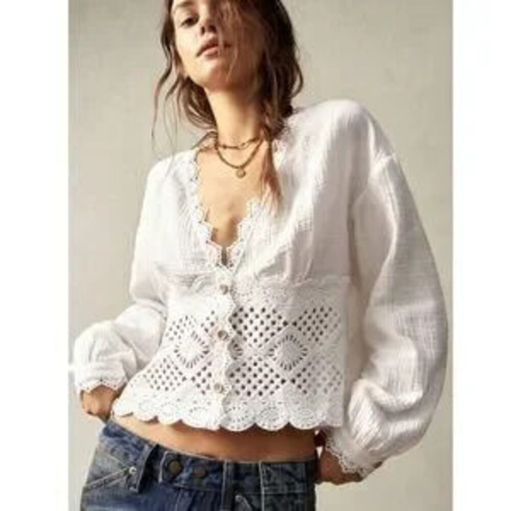 Cotton Bohemian Shirt White Crochet Lace Detailed V-Neck Long Lantern Sleeve - Picture 3 of 3